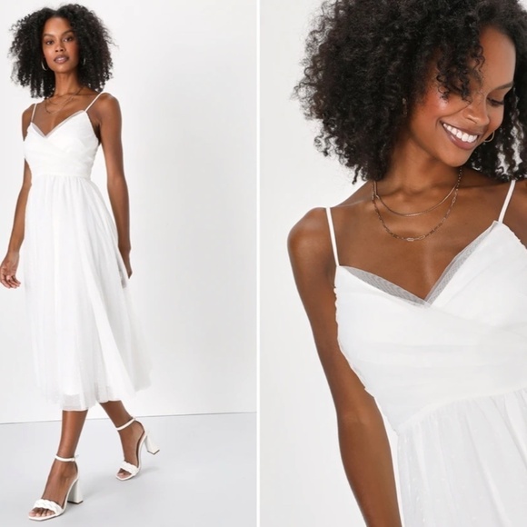 LULU's Bridal Shower Engagement Swiss Dot Romantic Flowy Midi Dress - Picture 3 of 4